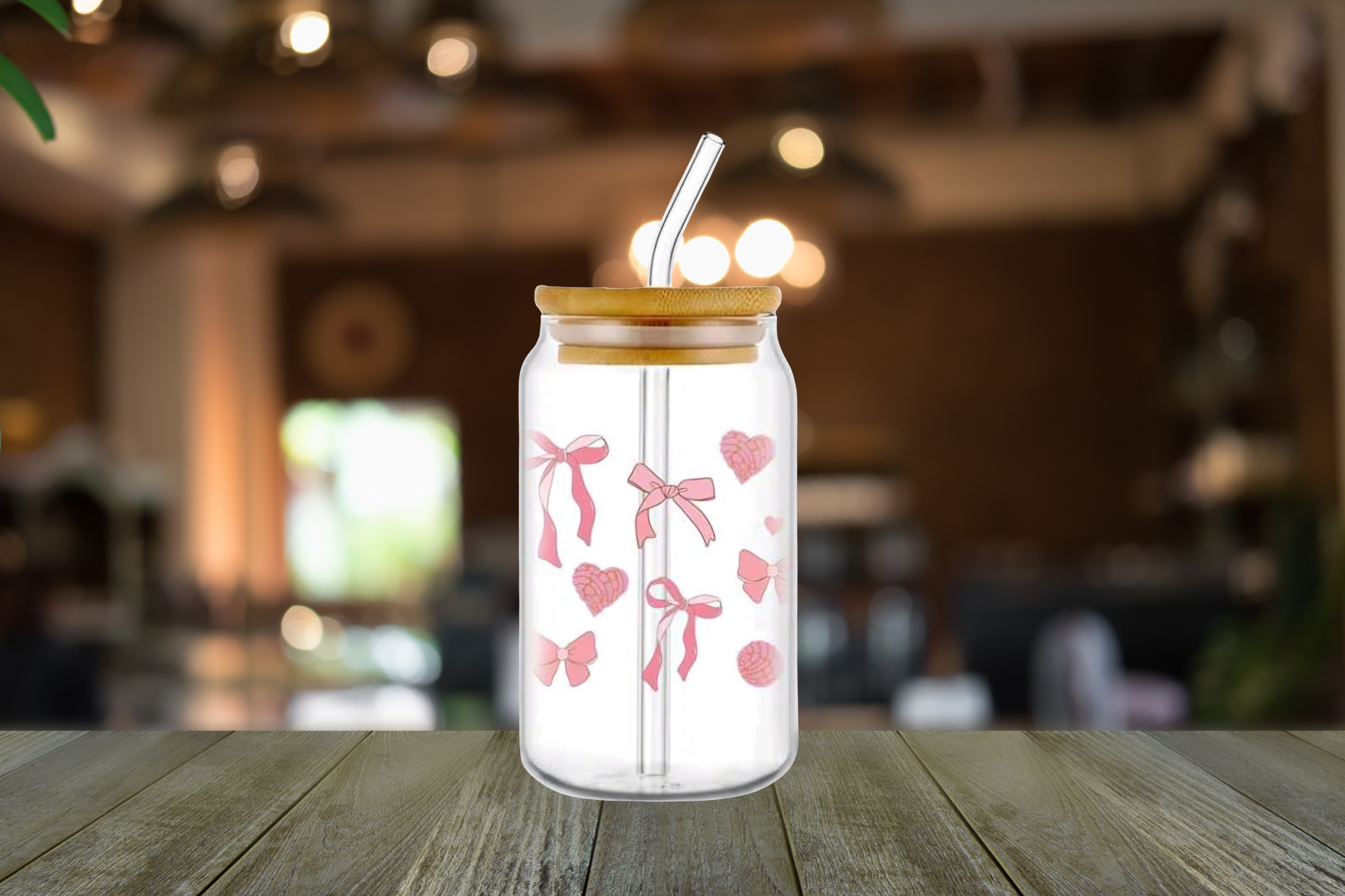PINK BOW AND KNITTED HEART GLASS LIBBEY CAN