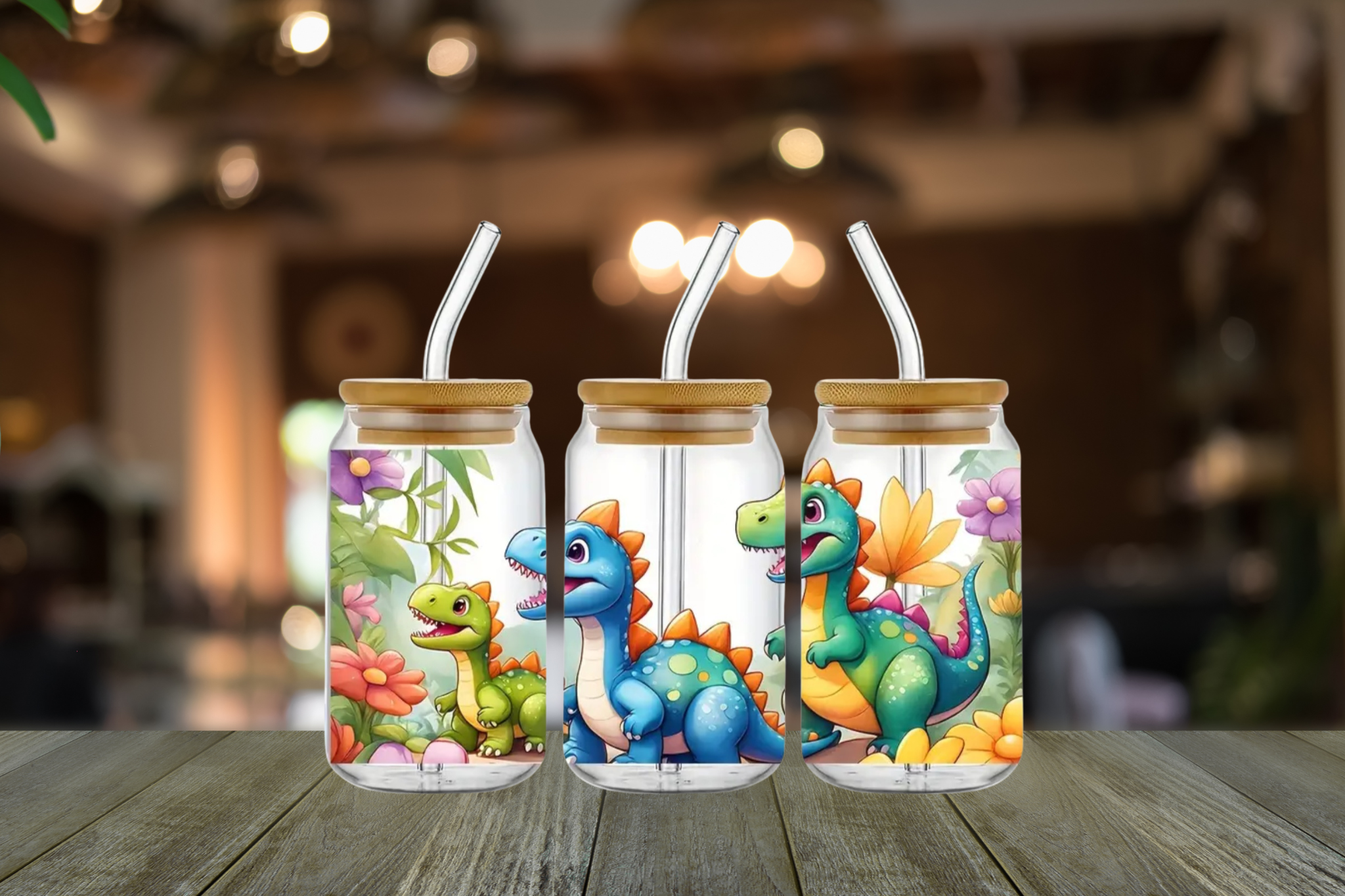 CUTE DINO FAMILY GLASS LIBBEY CAN
